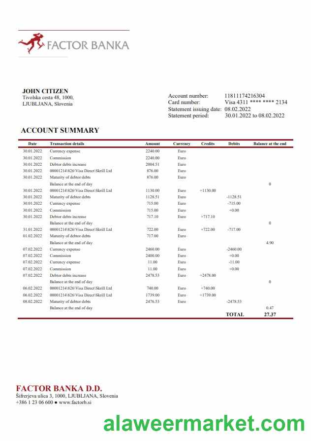 Slovenia Factor Banka bank statement